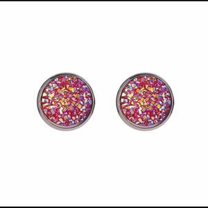 Simple Round Sparkly Dark Pink Earrings